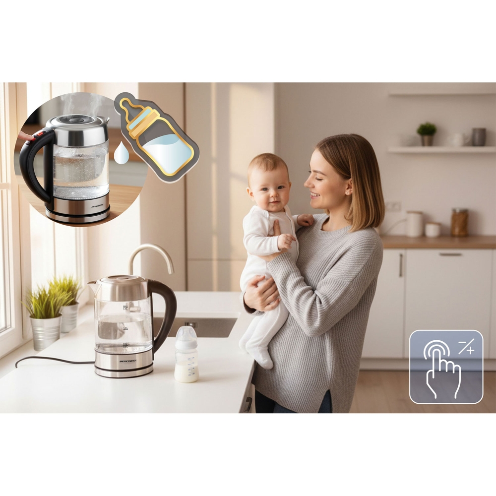 Stiklinis elektrinis virdulys su reguliuojama temperatūra 1,7l 2200W Berdsen BD-714-Namai, laisvalaikis, turizmas, Virtuvei-e-va
