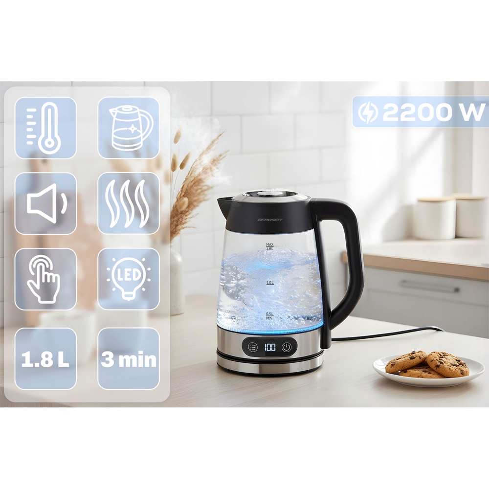Stiklinis elektrinis virdulys su reguliuojama temperatūra 1,8 l 2200 W Berdsen BD-715-Namai, laisvalaikis, turizmas, Virtuvei-e-