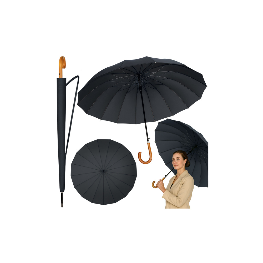 Automatinis ilgas skėtis 24 briaunų medinė rankena 115 cm, juodas-Drabužiai ir aksesuarai, Skėčiai-e-vaikas
