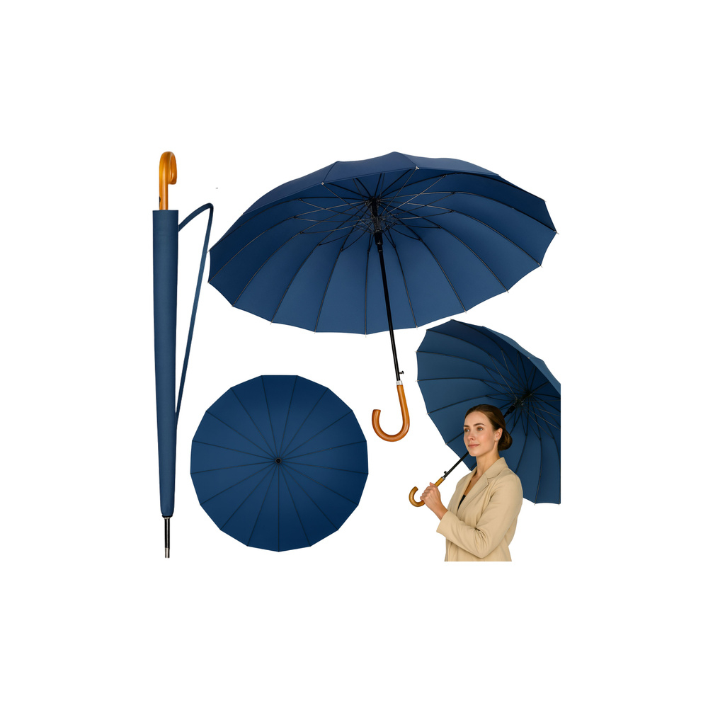 Automatinis ilgas skėtis 24 briaunų medinė rankena 115 cm, tamsiai mėlynas-Drabužiai ir aksesuarai, Skėčiai-e-vaikas