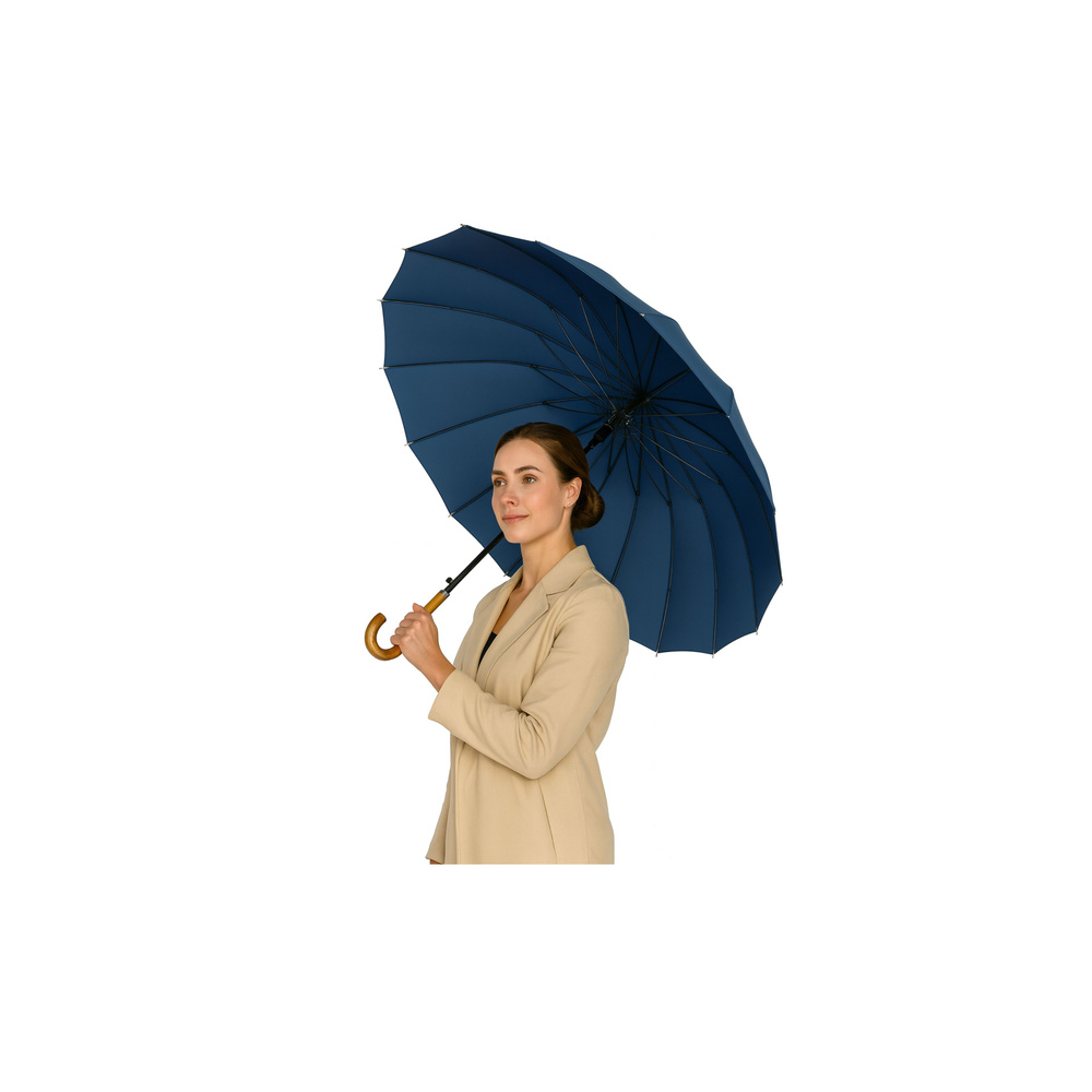 Automatinis ilgas skėtis 24 briaunų medinė rankena 115 cm, tamsiai mėlynas-Drabužiai ir aksesuarai, Skėčiai-e-vaikas