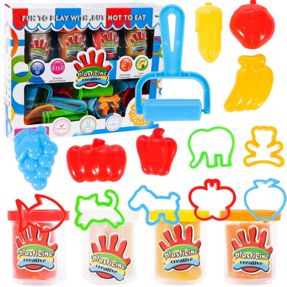 Plastilinas 4 indeliai + vaisių ir gyvūnų formos-Žaislai, Kūrybiniai žaislai, Lipdymas-e-vaikas