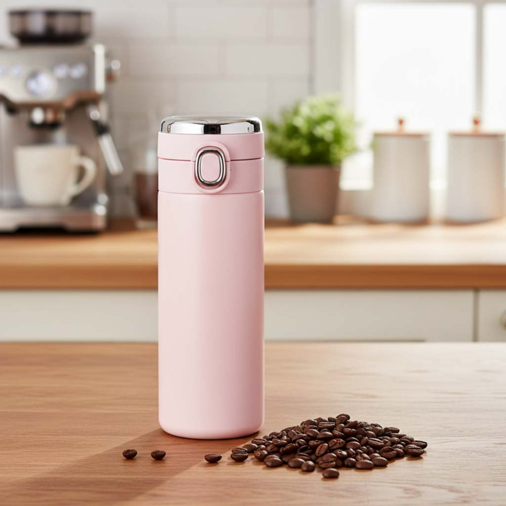 LED termoso puodelis su kandikliu 350 ml rožinės spalvos