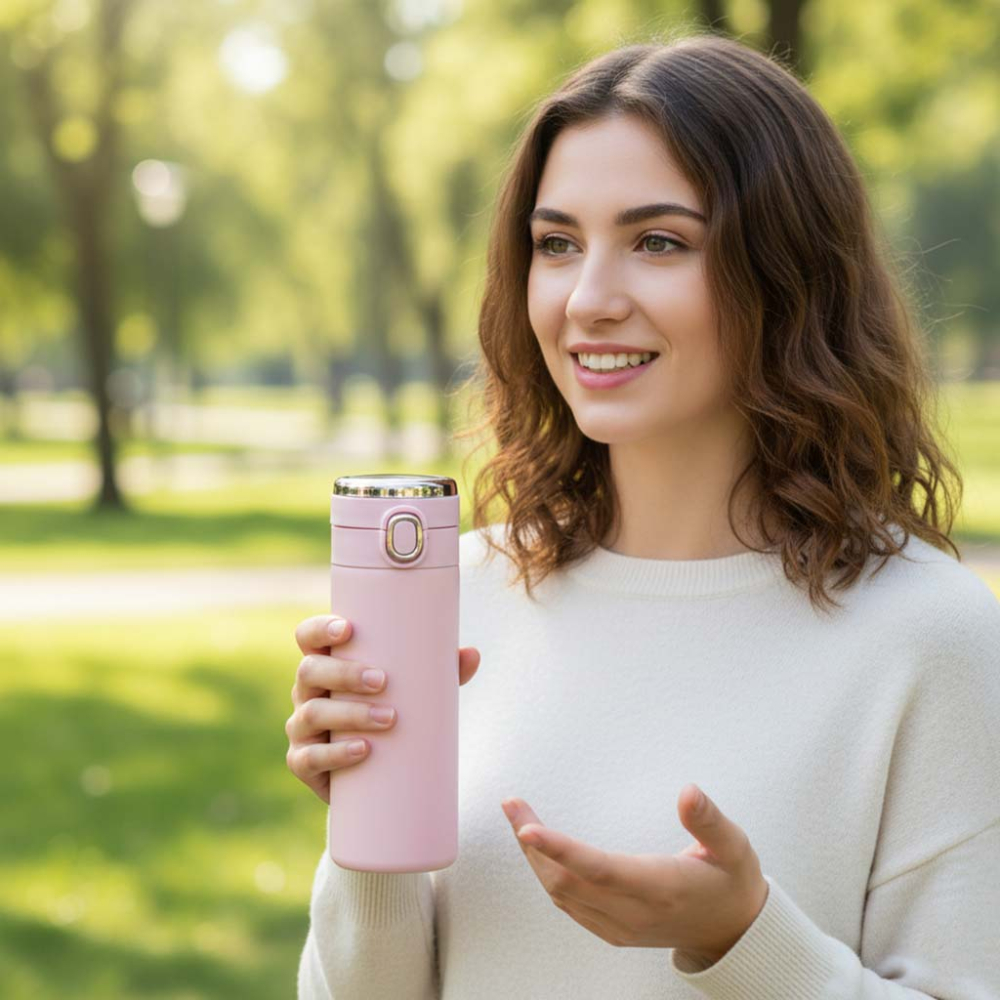 LED termoso puodelis su kandikliu 350 ml rožinės spalvos