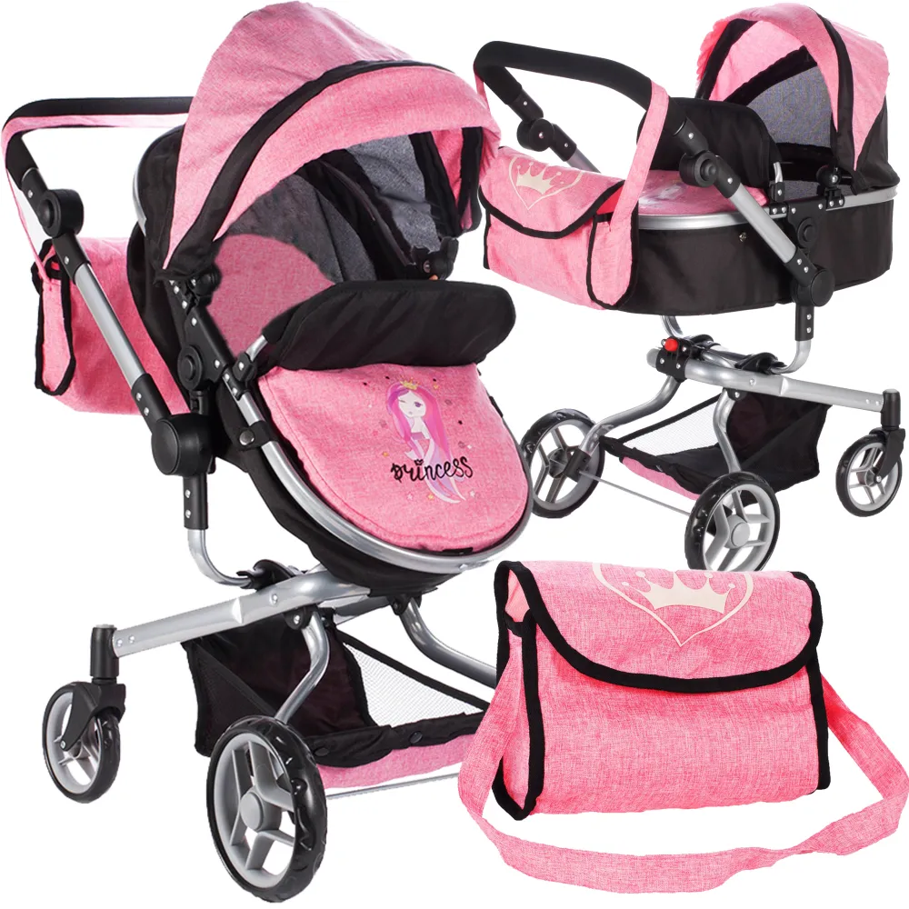 Vežimėlis lėlei 2in1 Princess PinkBlack-Žaislai, Lėlės ir jų priedai, Lėlių vežimėliai-e-vaikas