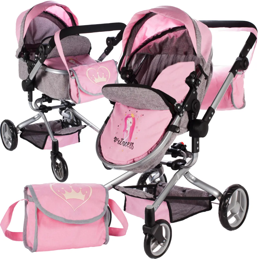 Vežimėlis lėlei 2in1 Princess PinkGrey-Žaislai, Lėlės ir jų priedai, Lėlių vežimėliai-e-vaikas